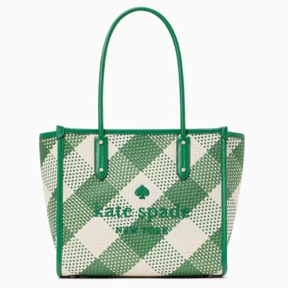 Kate Spade Ella Oversized Gingham Woven Straw Large Tote Bag, Green Bean‎ Wallet - Picture 1 of 6